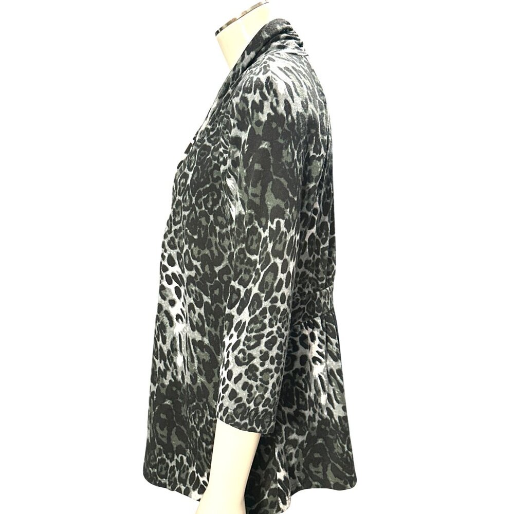 AB Studio Leopard Print Cardigan Black Gray Medium Lightweight Knit Open Front - Picture 3 of 9